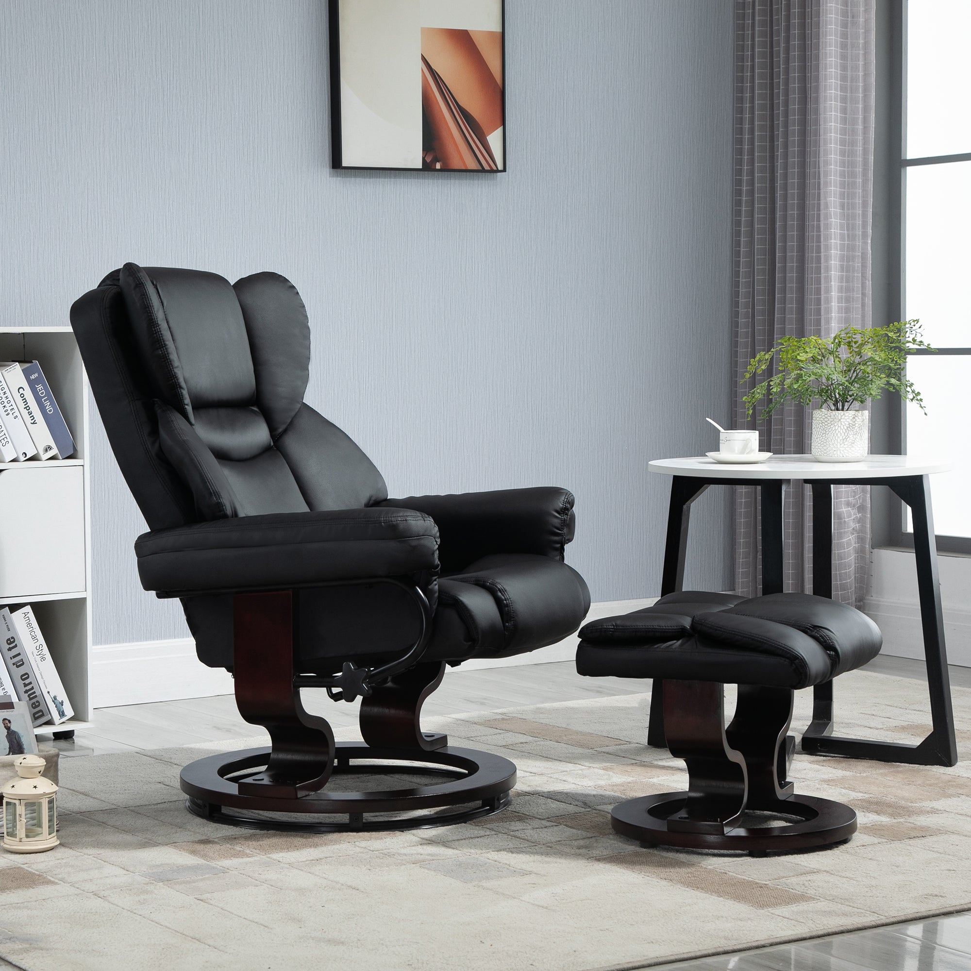 HOMCOM 360° Swivel Recliner Chair with Footstool, PU Leather Manual Recliner Armchair with Solid Wood Base, Upholstered Reclining Chair for Living Room, Bedroom, Office, Black